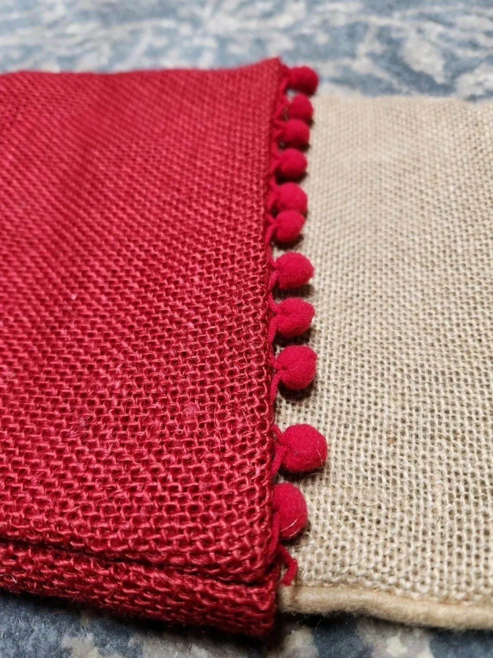 Holiday Stocking Tree Skirt Set Burlap with Red Pom Pom Trim